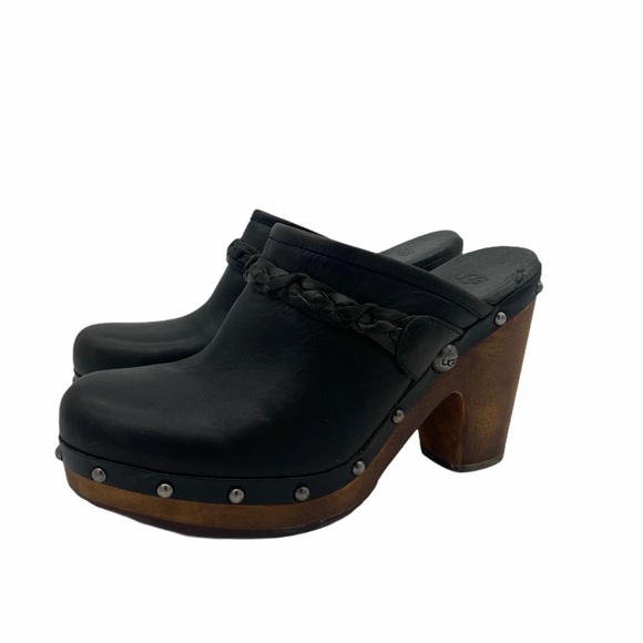 UGG Leather&Wood Studded Block Heel Slip-On Clogs